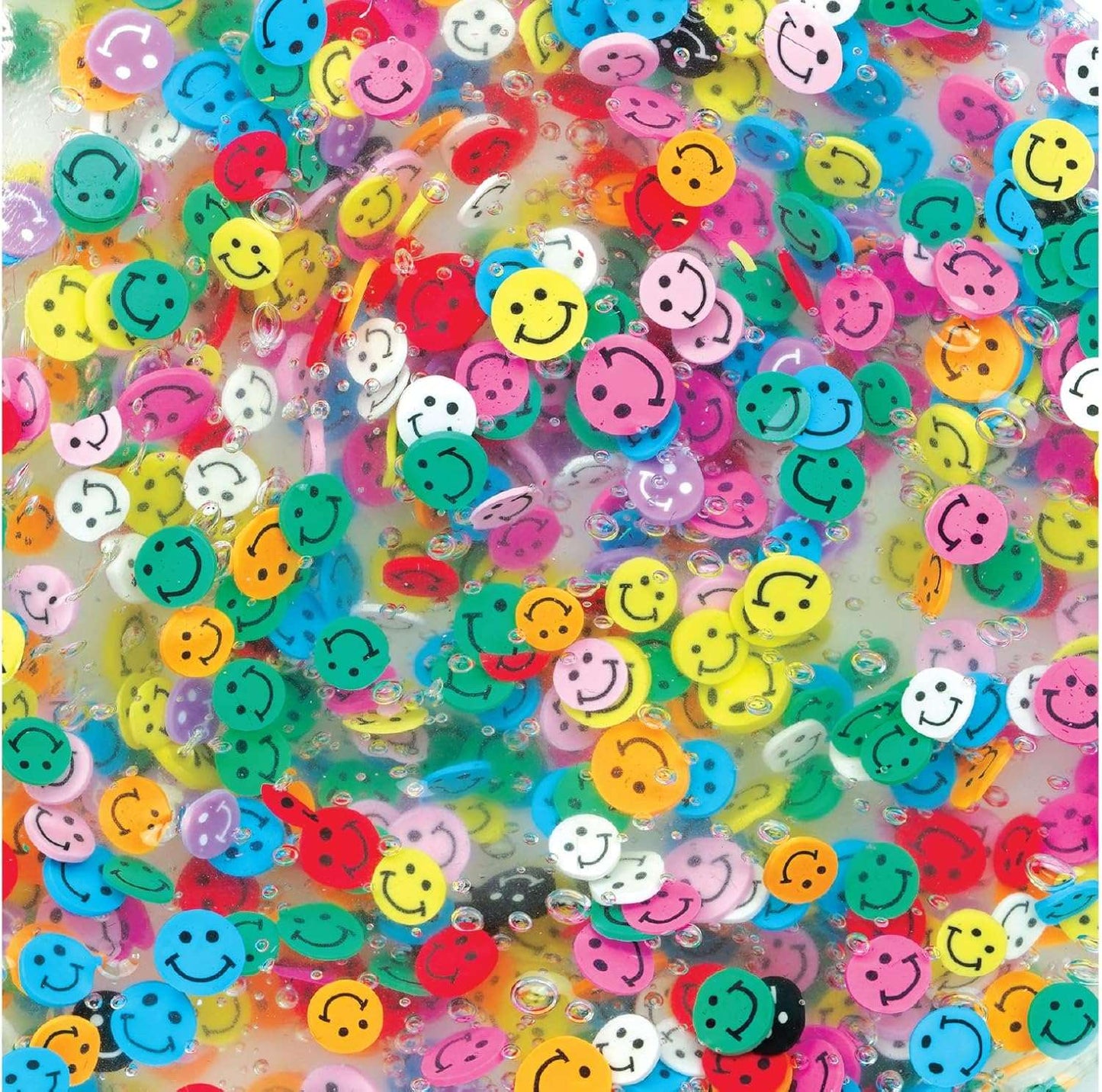 Colorful smiley face beads on a clear background