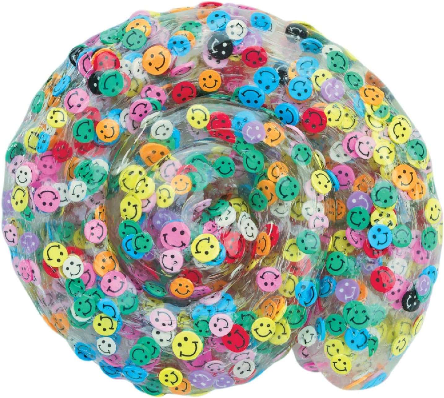 Transparent tube filled with colorful smiley face beads on a white background