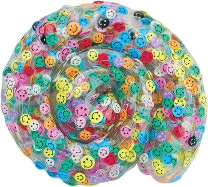 Transparent tube filled with colorful smiley face beads on a white background