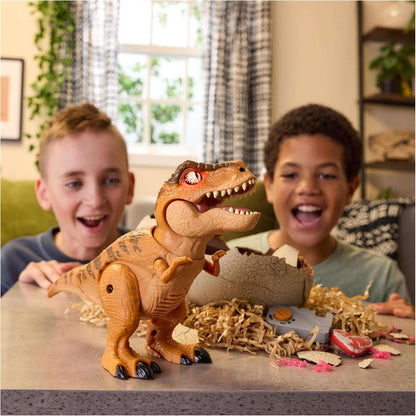 Two children playing with a toy dinosaur on a table.