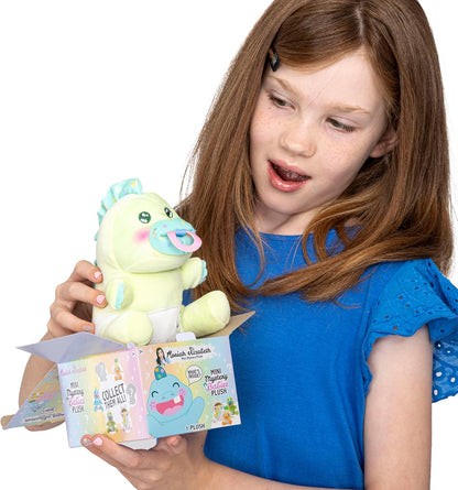 Child holding a plush toy with packaging, against a white background