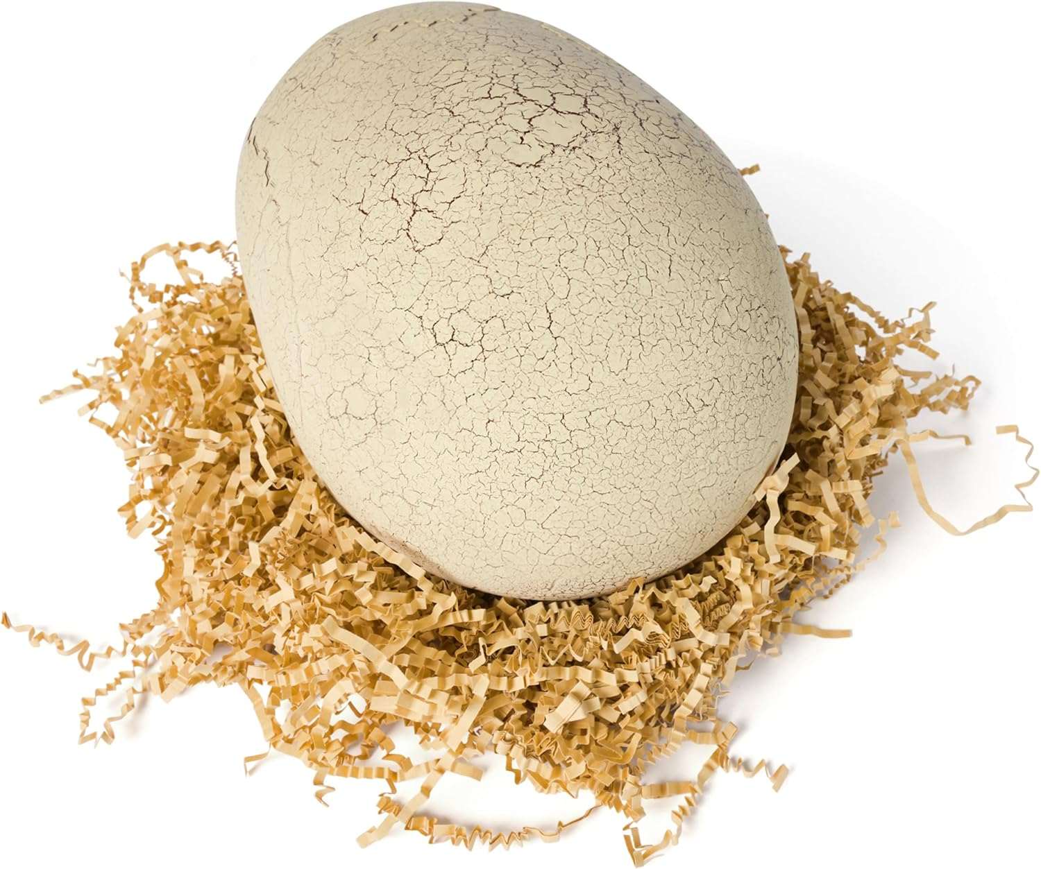 Cracked beige egg on a bed of straw with a white background