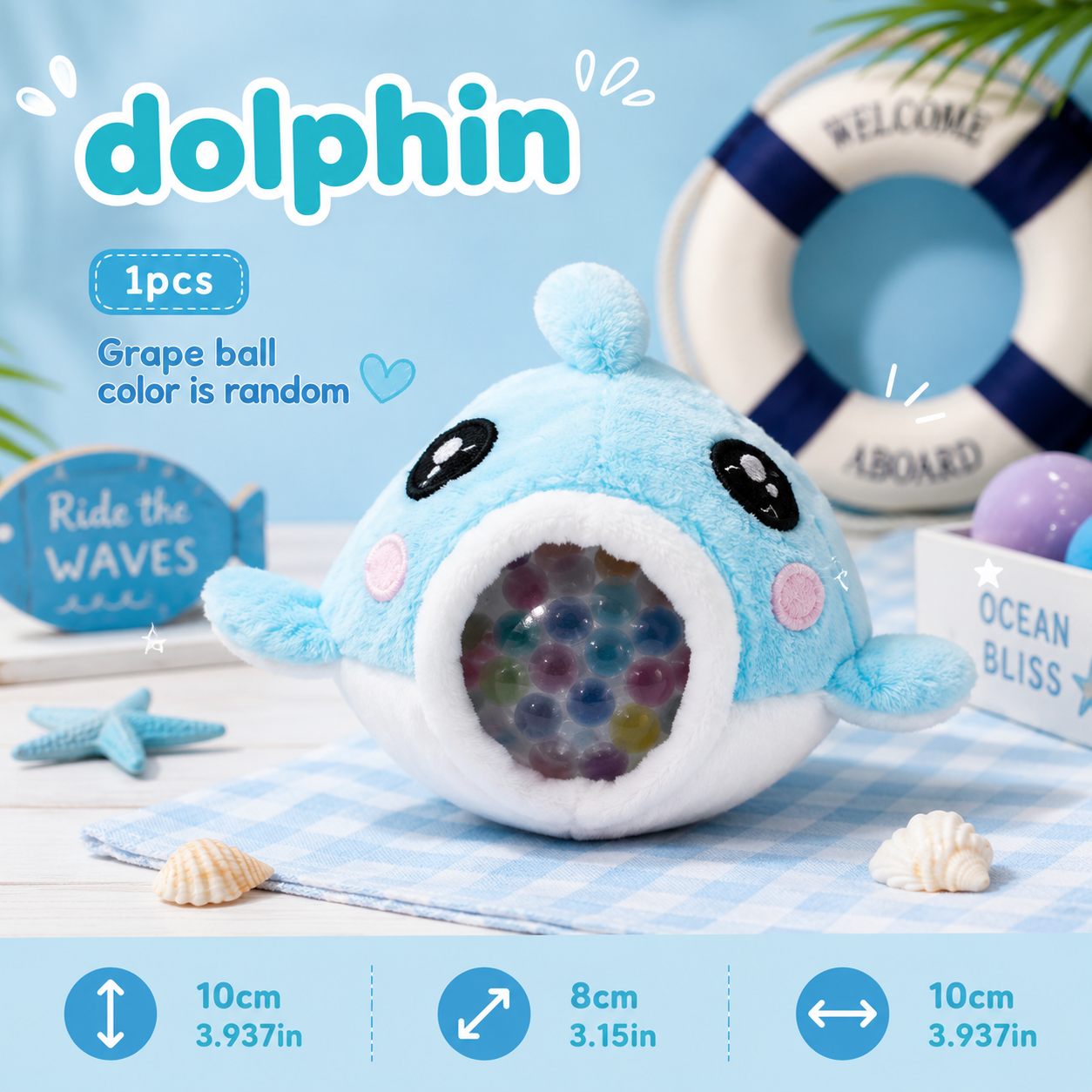 Plush toy dolphin with colorful beads inside, on a blue background with nautical elements.