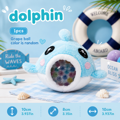 Plush toy dolphin with colorful beads inside, on a blue background with nautical elements.