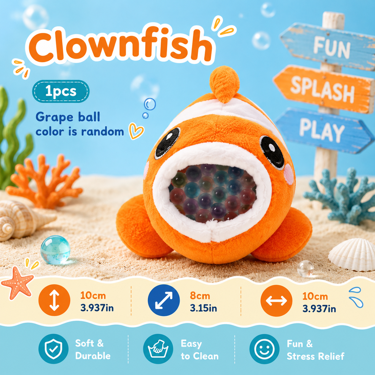 Plush clownfish toy with colorful beads inside, set against an underwater-themed background.
