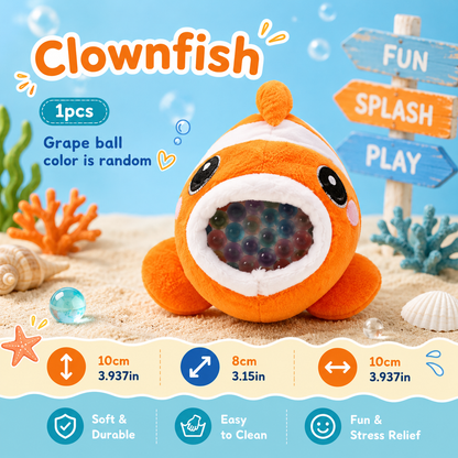 Plush clownfish toy with colorful beads inside, set against an underwater-themed background.