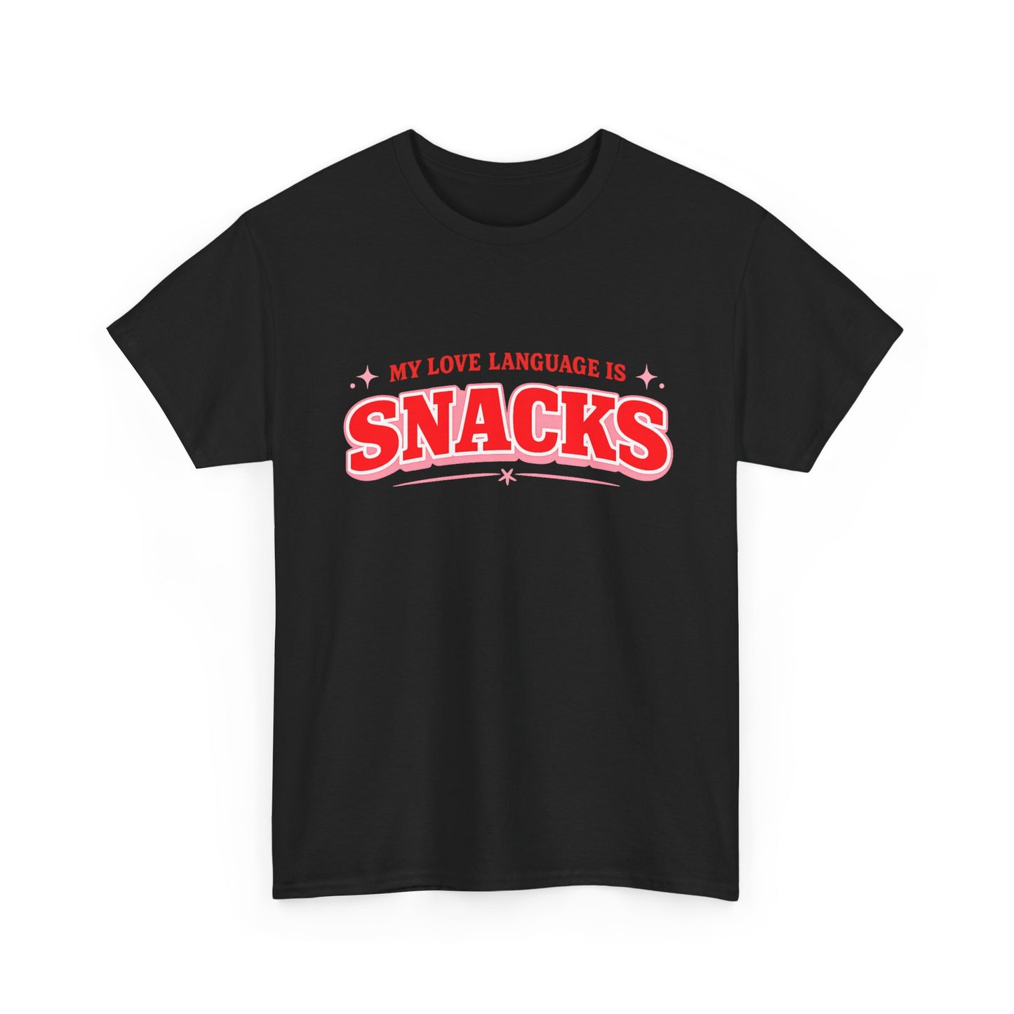 A black short-sleeve crewneck t-shirt with a graphic on the chest that reads 'MY LOVE LANGUAGE IS SNACKS' in red and white lettering, displayed on a clean white background.