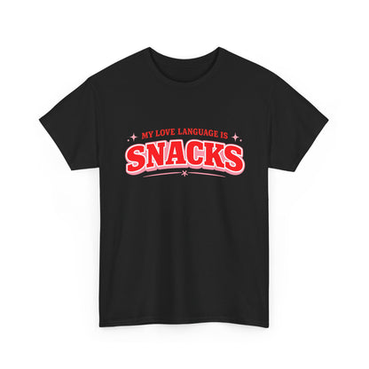 A black short-sleeve crewneck t-shirt with a graphic on the chest that reads 'MY LOVE LANGUAGE IS SNACKS' in red and white lettering, displayed on a clean white background.
