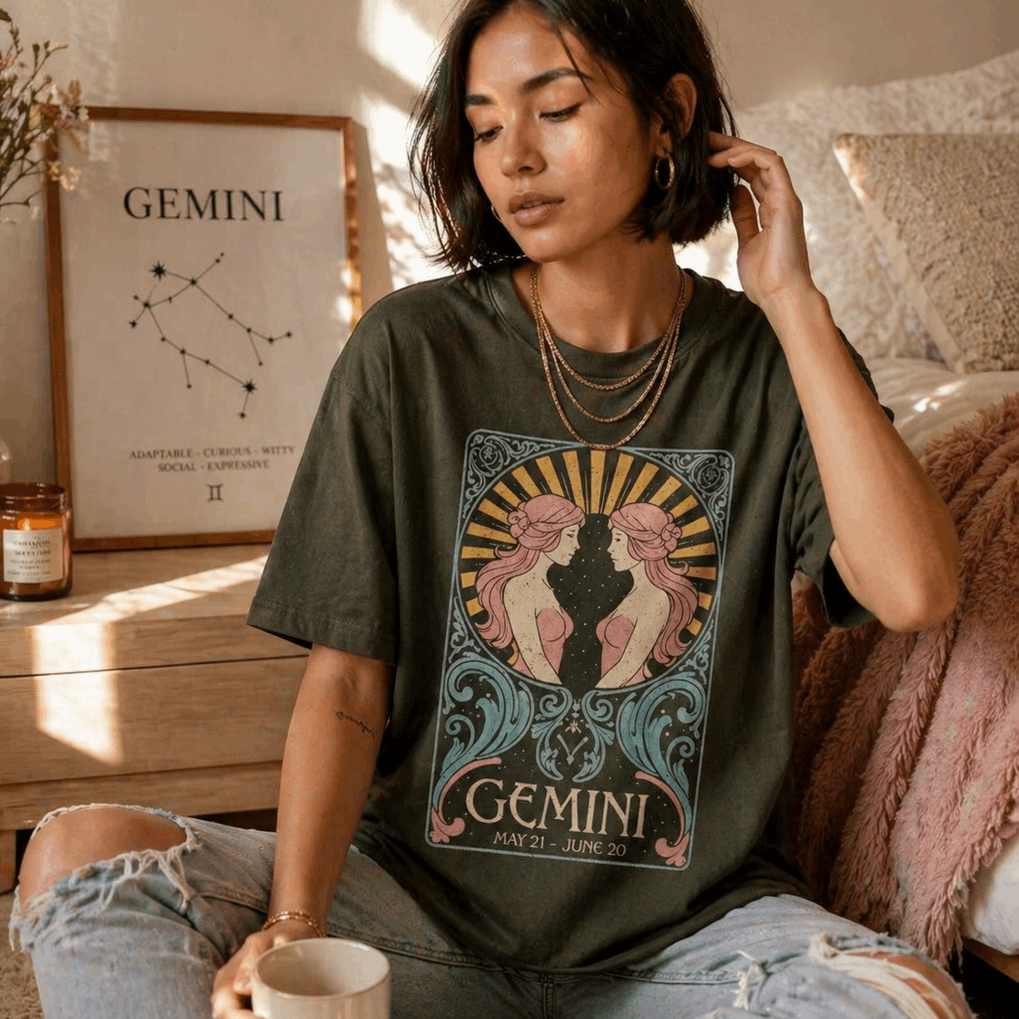 Girl wearing Gemini star sign t shirt 