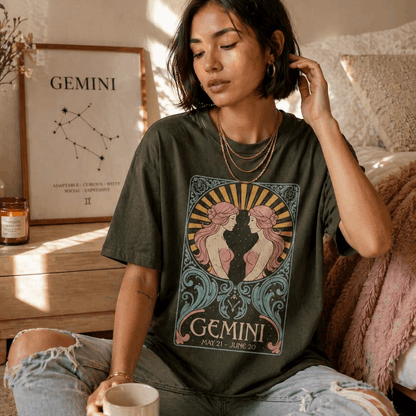 Girl wearing Gemini star sign t shirt 