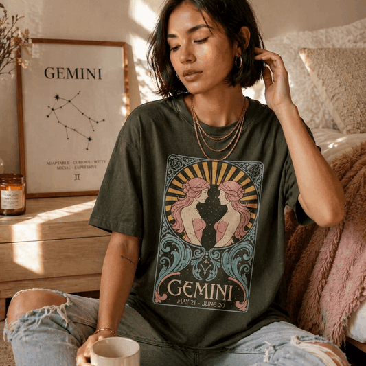 Girl wearing Gemini star sign t shirt 
