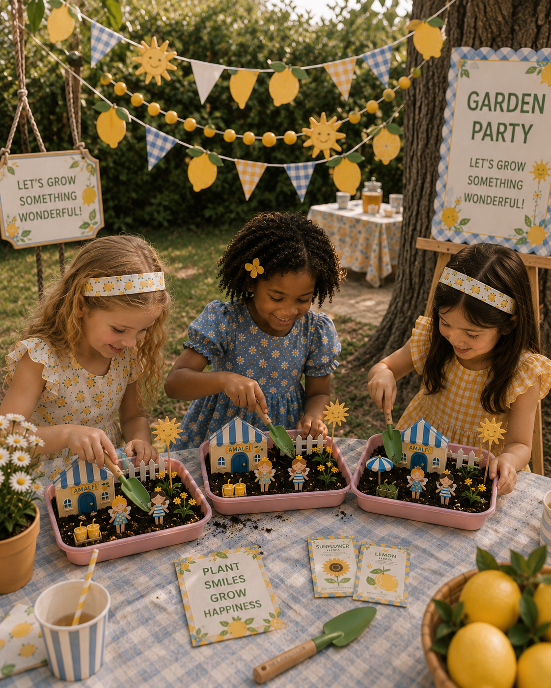 Children at a garden party with plantable seed paper houses and decorations.