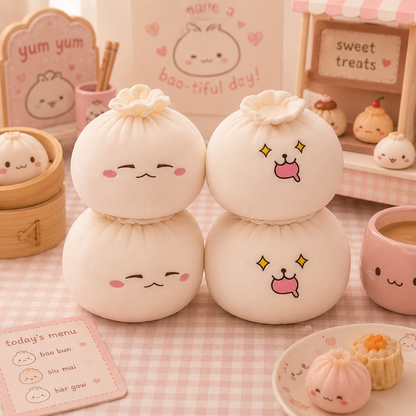 Two plush baozi with cartoon faces on a pink checkered tablecloth with pastel decor.