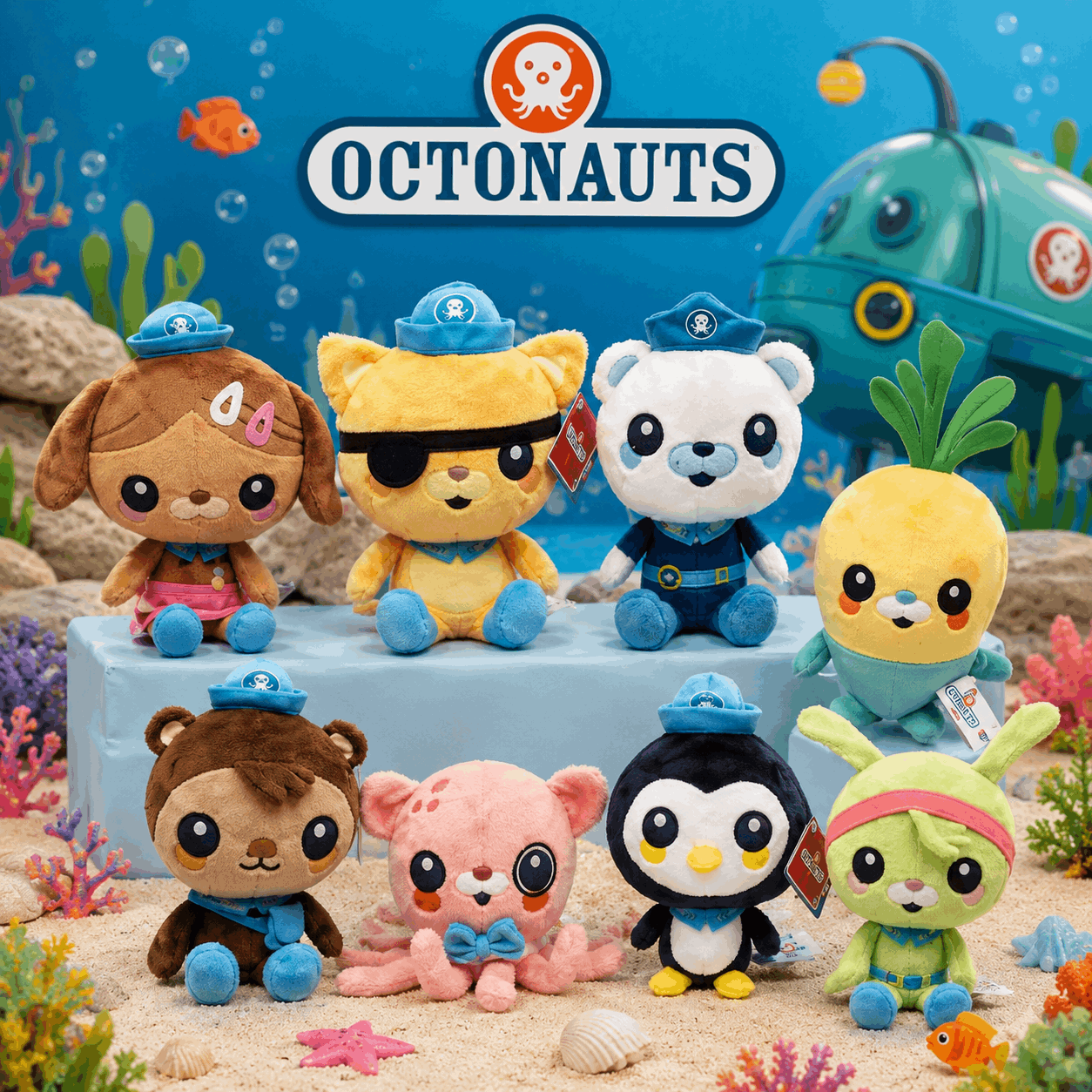 Octonauts toy figures with a blue submarine in an underwater setting