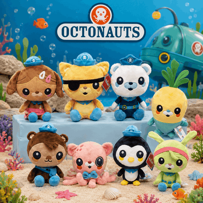 Octonauts toy figures with a blue submarine in an underwater setting