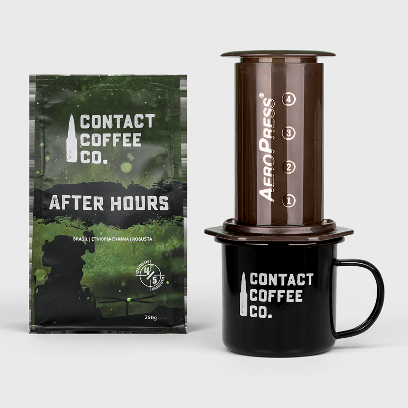 Contact Coffee Co. AeroPress coffee maker with a bag of coffee on a white background