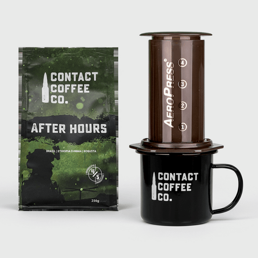 Contact Coffee Co. AeroPress coffee maker with a bag of coffee on a white background