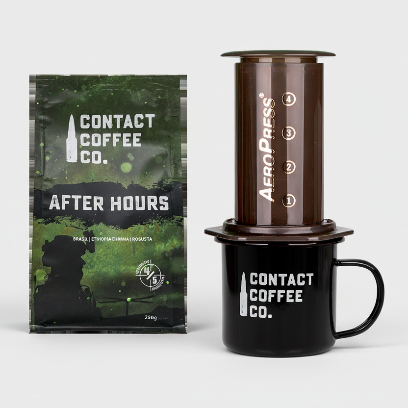 Contact Coffee Co. AeroPress coffee maker with a bag of coffee on a white background