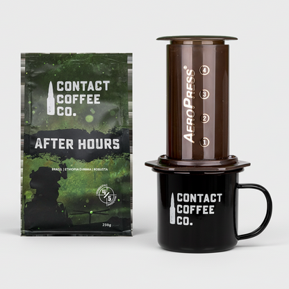 Contact Coffee Co. AeroPress coffee maker with a bag of coffee on a white background