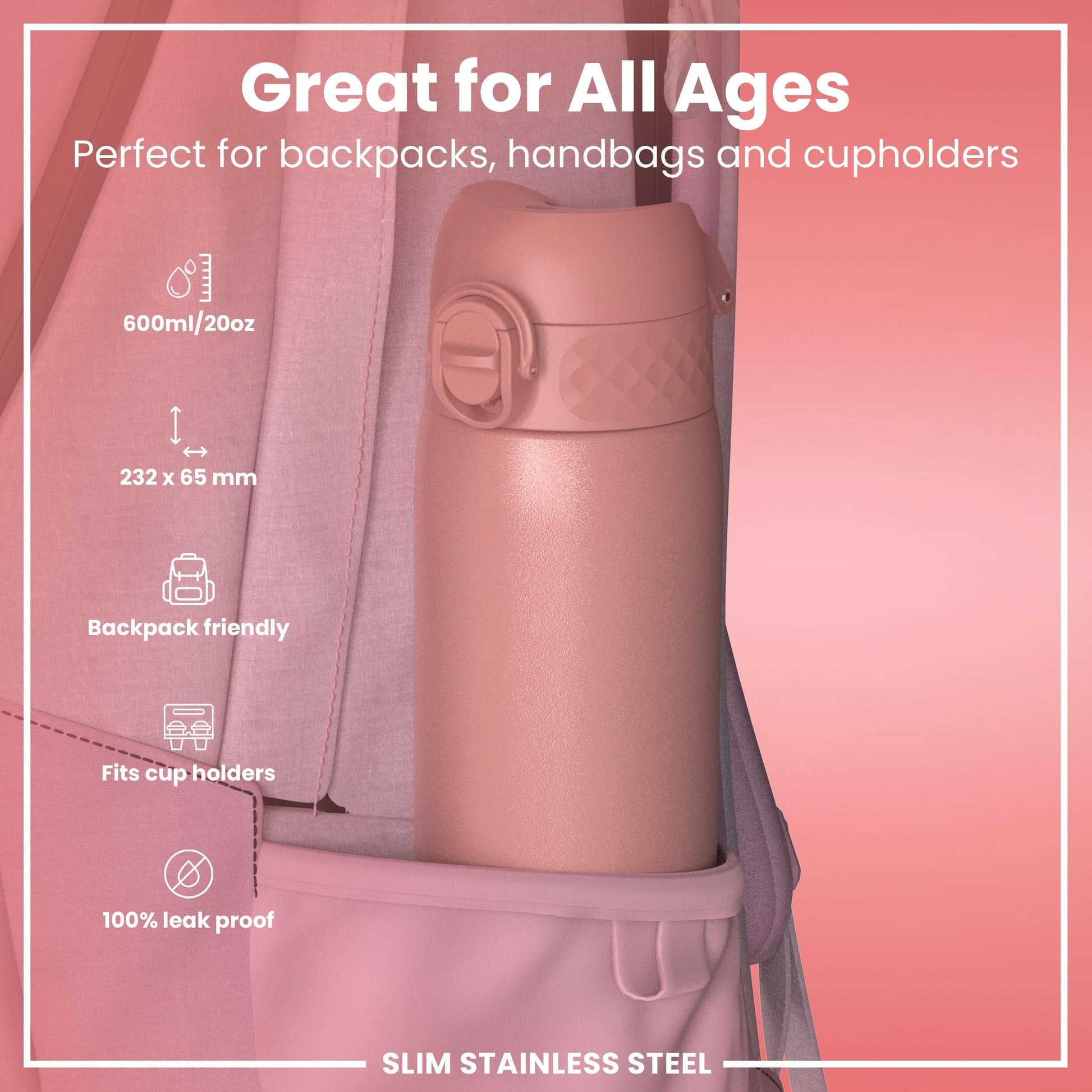 Pink thermos bottle with backpack and text on a pink background