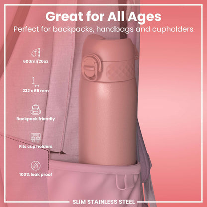 Pink thermos bottle with backpack and text on a pink background