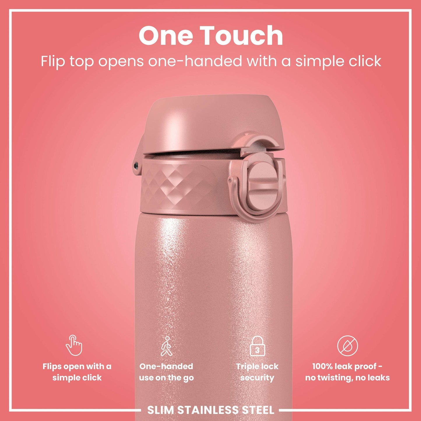 Pink stainless steel water bottle with flip top on a pink background