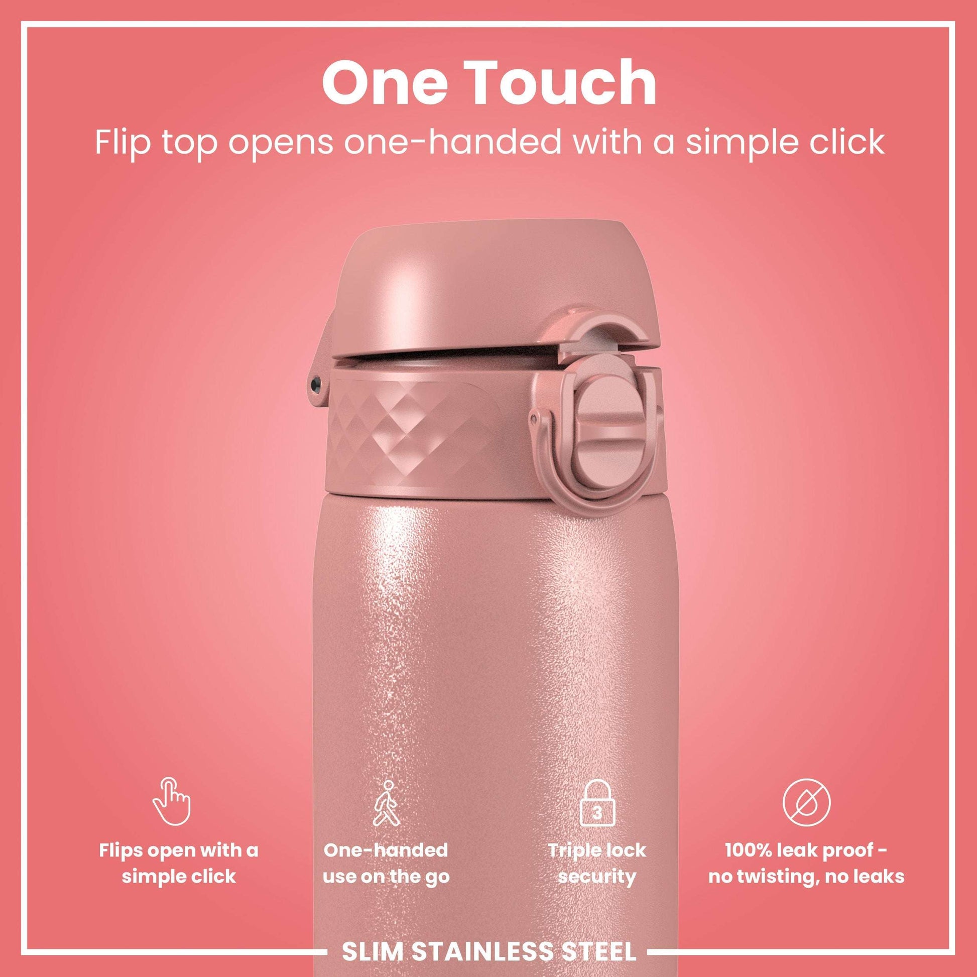 Pink stainless steel water bottle with flip top on a pink background