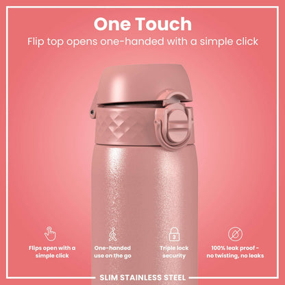Pink stainless steel water bottle with flip top on a pink background