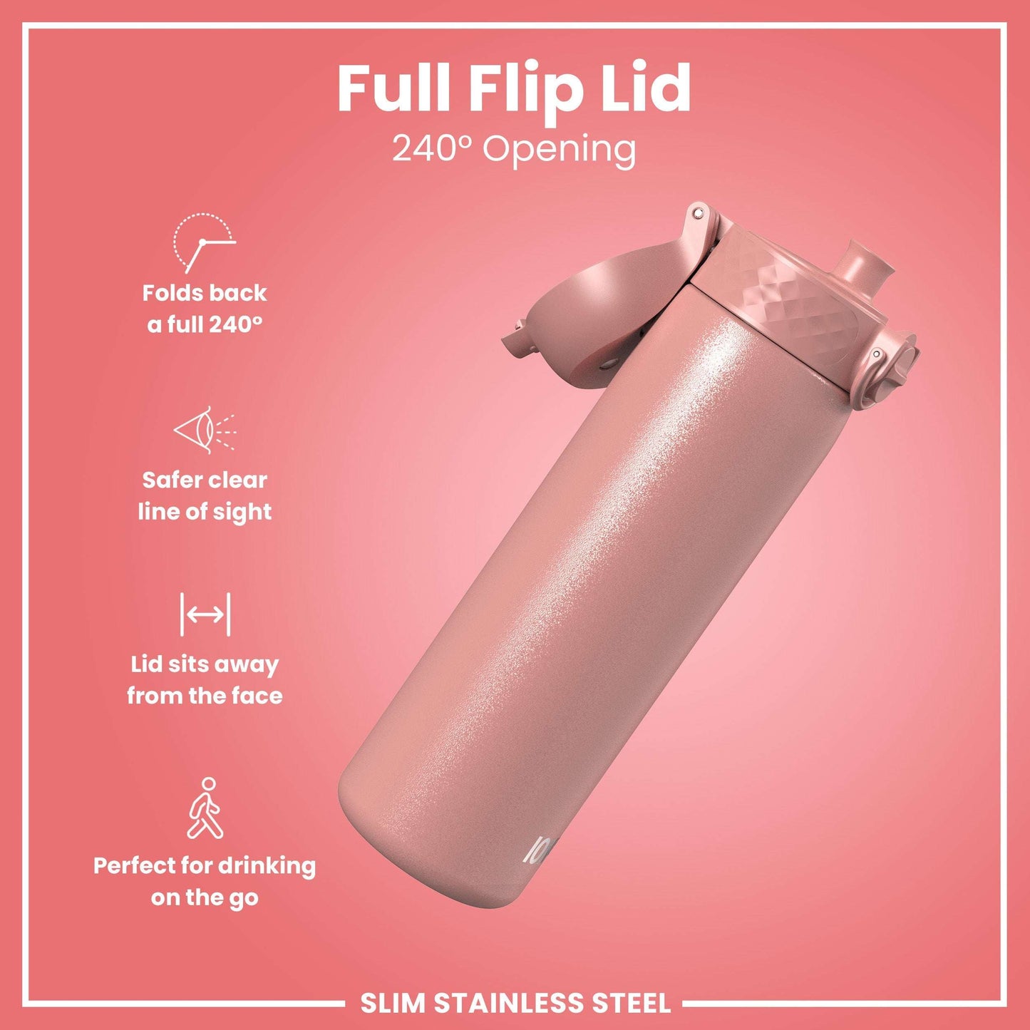 Pink water bottle with full flip lid on a pink background