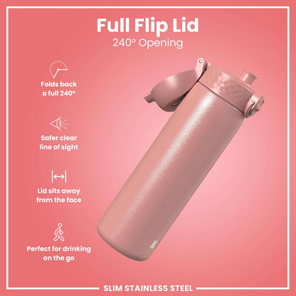 Pink water bottle with full flip lid on a pink background