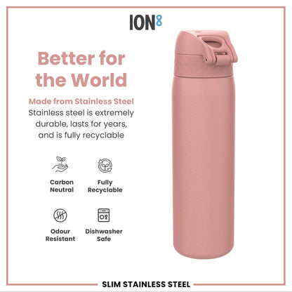 Pink stainless steel water bottle with ION8 branding on a white background