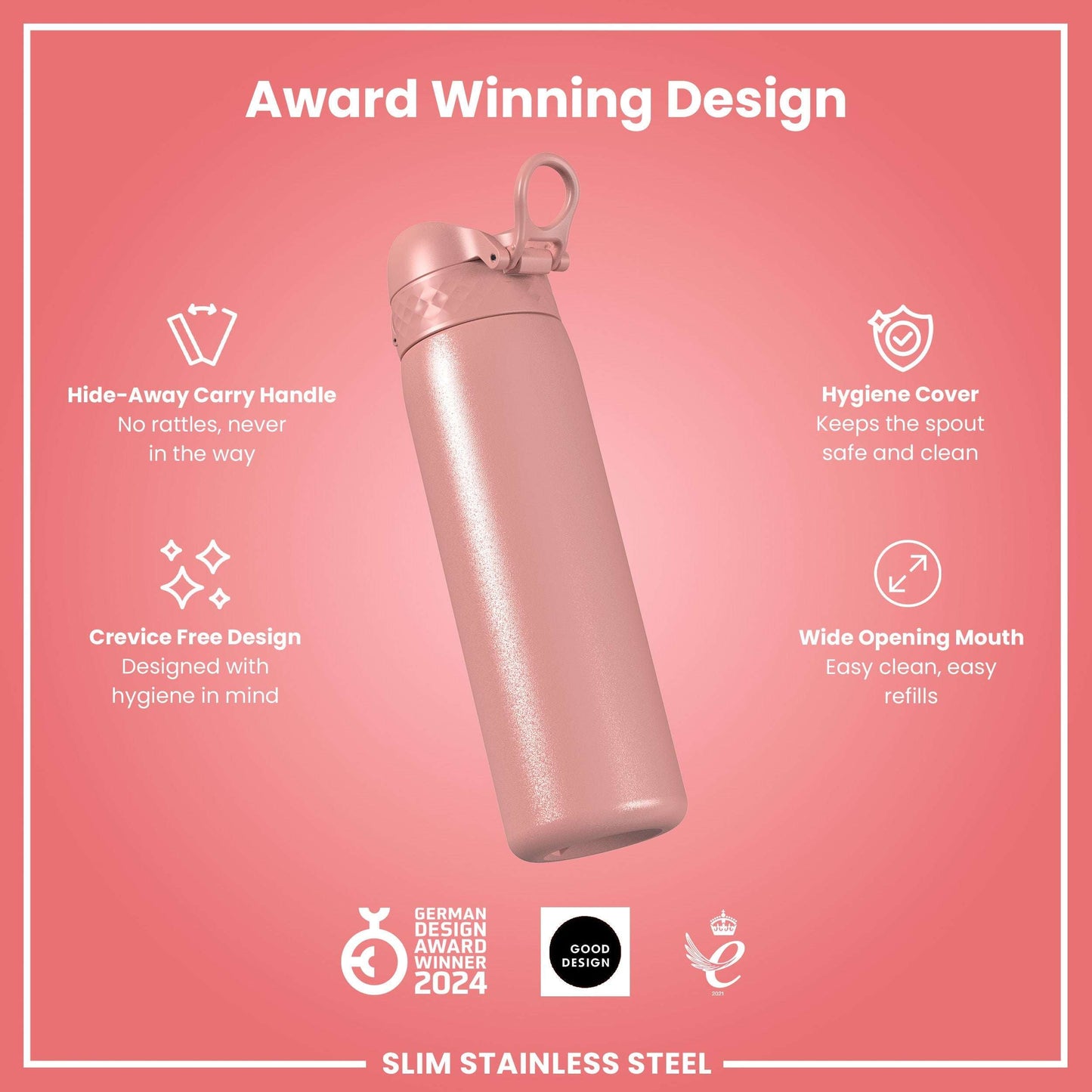 Pink stainless steel water bottle with features on a pink background