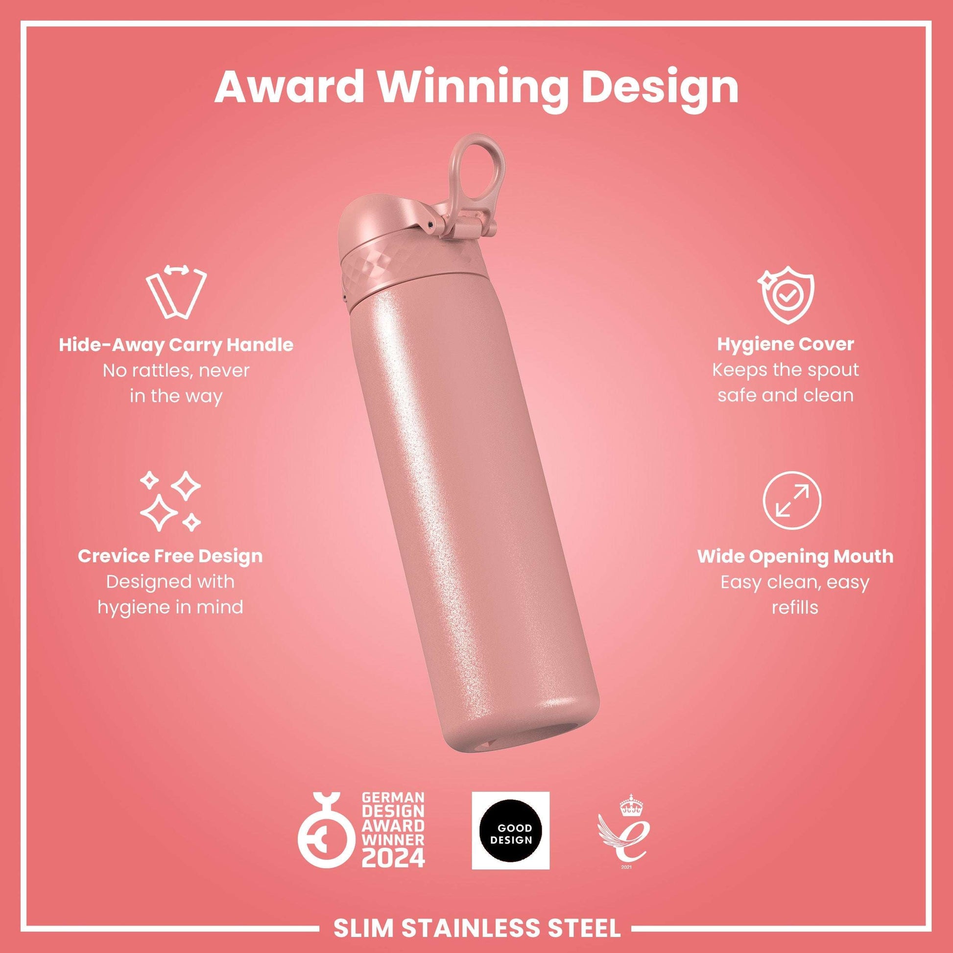 Pink stainless steel water bottle with features on a pink background