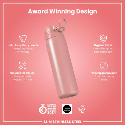 Pink stainless steel water bottle with features on a pink background