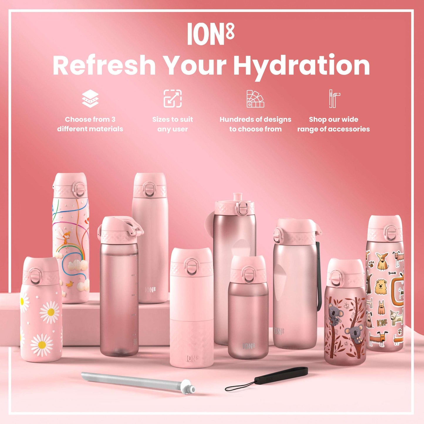 Collection of pink hydration bottles with accessories on a pink background, featuring the ION8 brand.