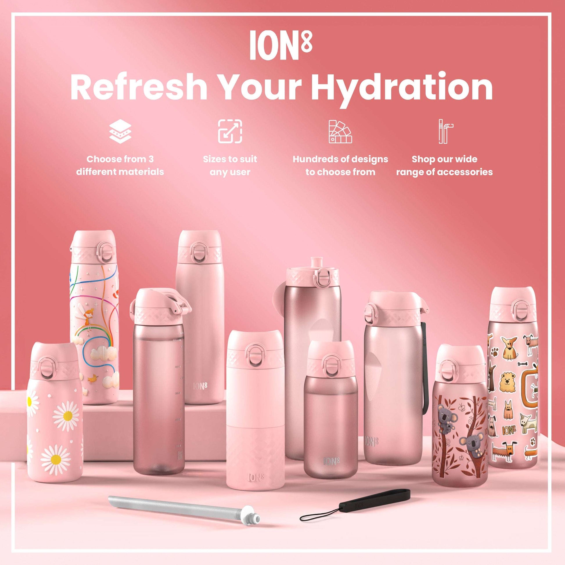 Collection of pink hydration bottles with accessories on a pink background, featuring the ION8 brand.