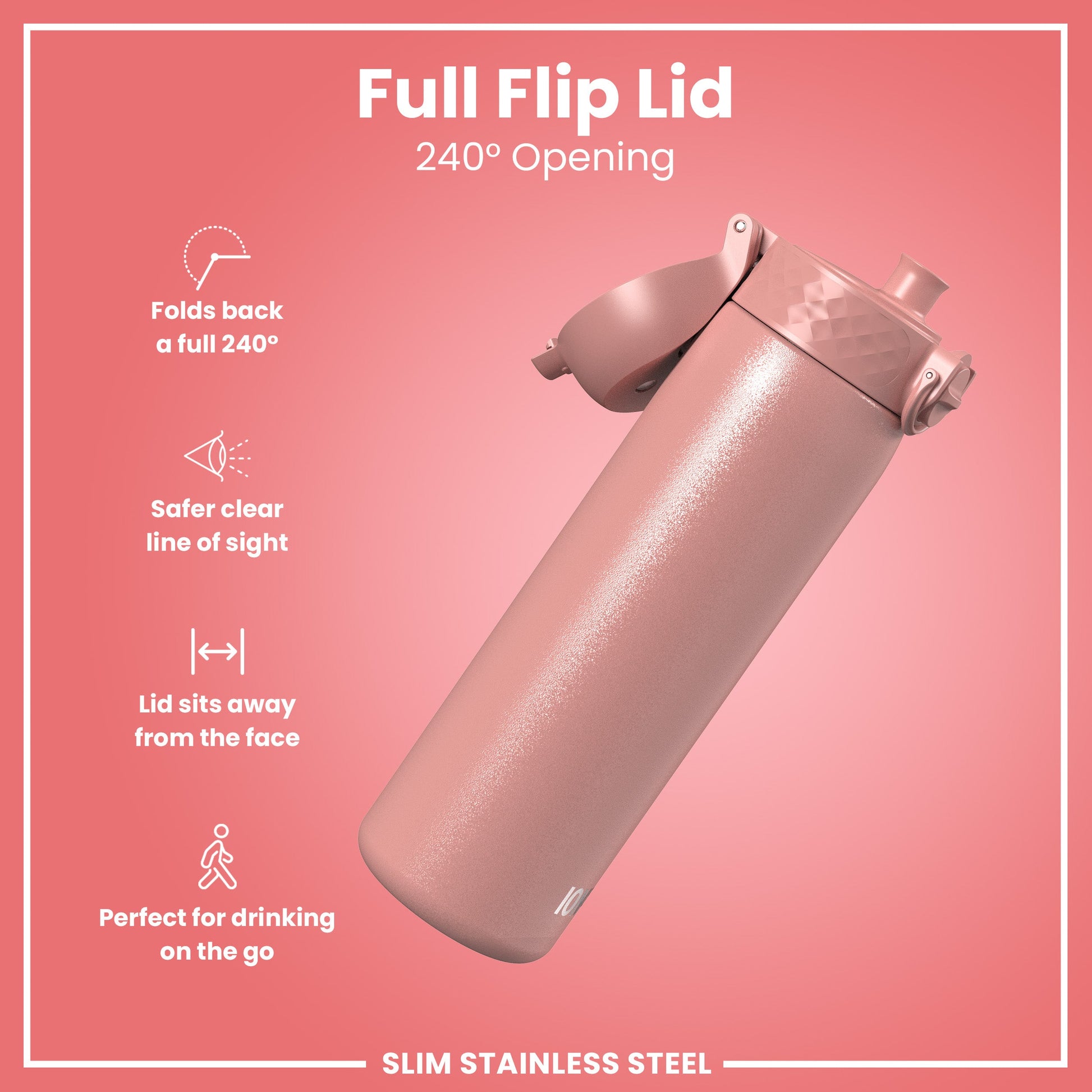 Pink water bottle with full flip lid on a pink background
