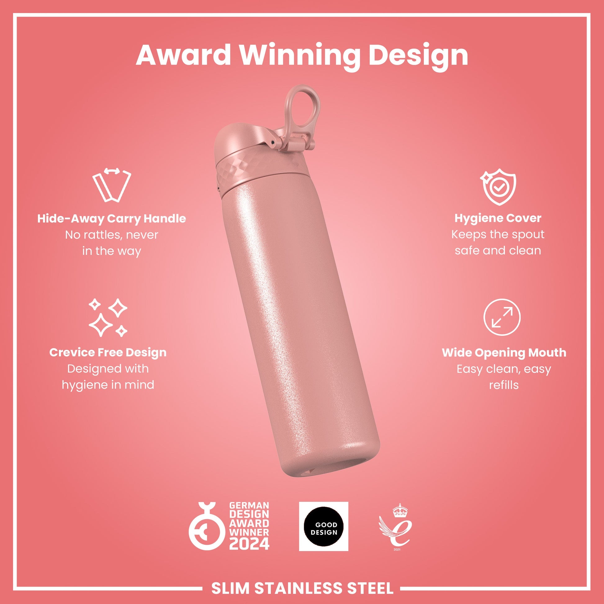 Pink stainless steel water bottle with features on a pink background