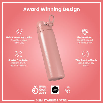 Pink stainless steel water bottle with features on a pink background