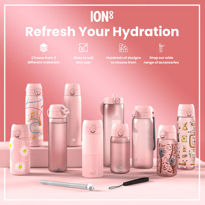 Collection of pink hydration bottles with accessories on a pink background, featuring the ION8 brand.