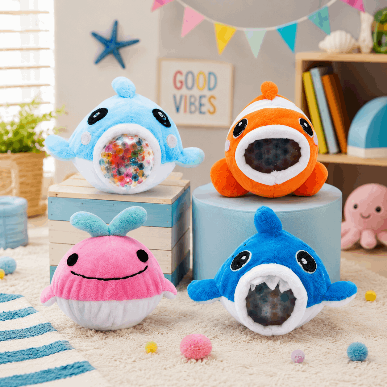 Four colorful plush toys resembling sharks on a carpeted floor with decorative elements in the background.