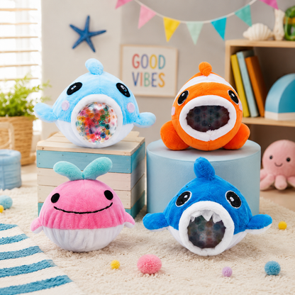 Four colorful plush toys resembling sharks on a carpeted floor with decorative elements in the background.