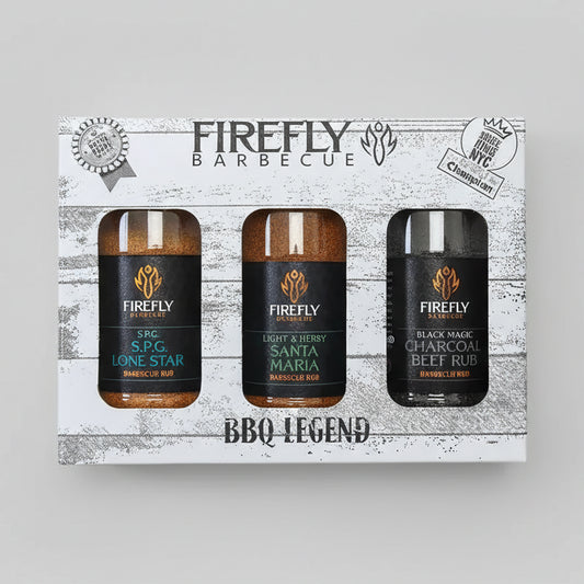 Firefly Barbecue BBQ Legend gift set on a wooden surface