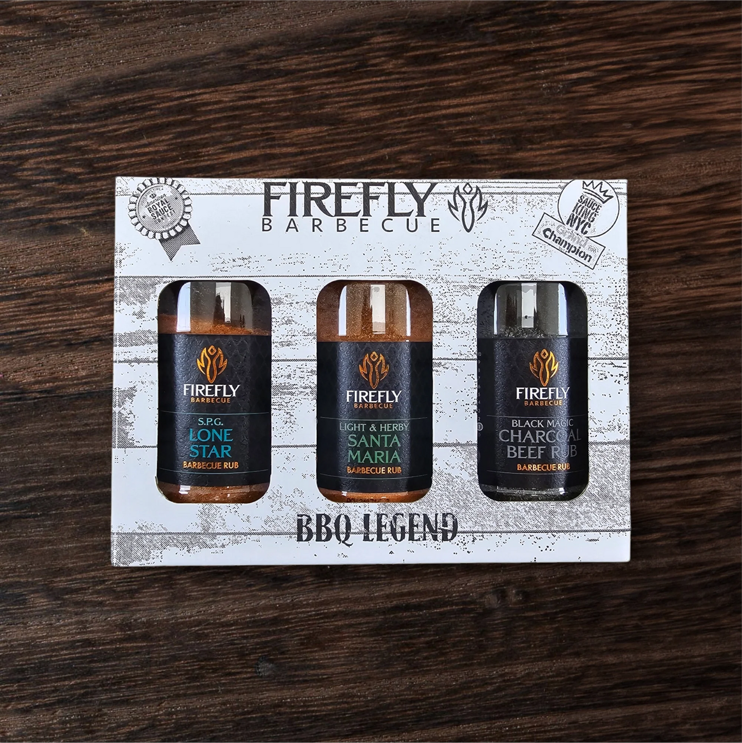 Firefly Barbecue BBQ Legend gift set on a wooden surface