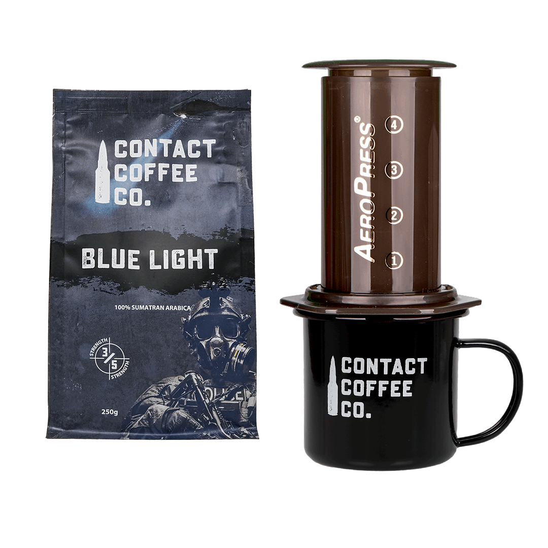 Contact Coffee Co. Blue Light coffee package with Aeropress and mug on a white background