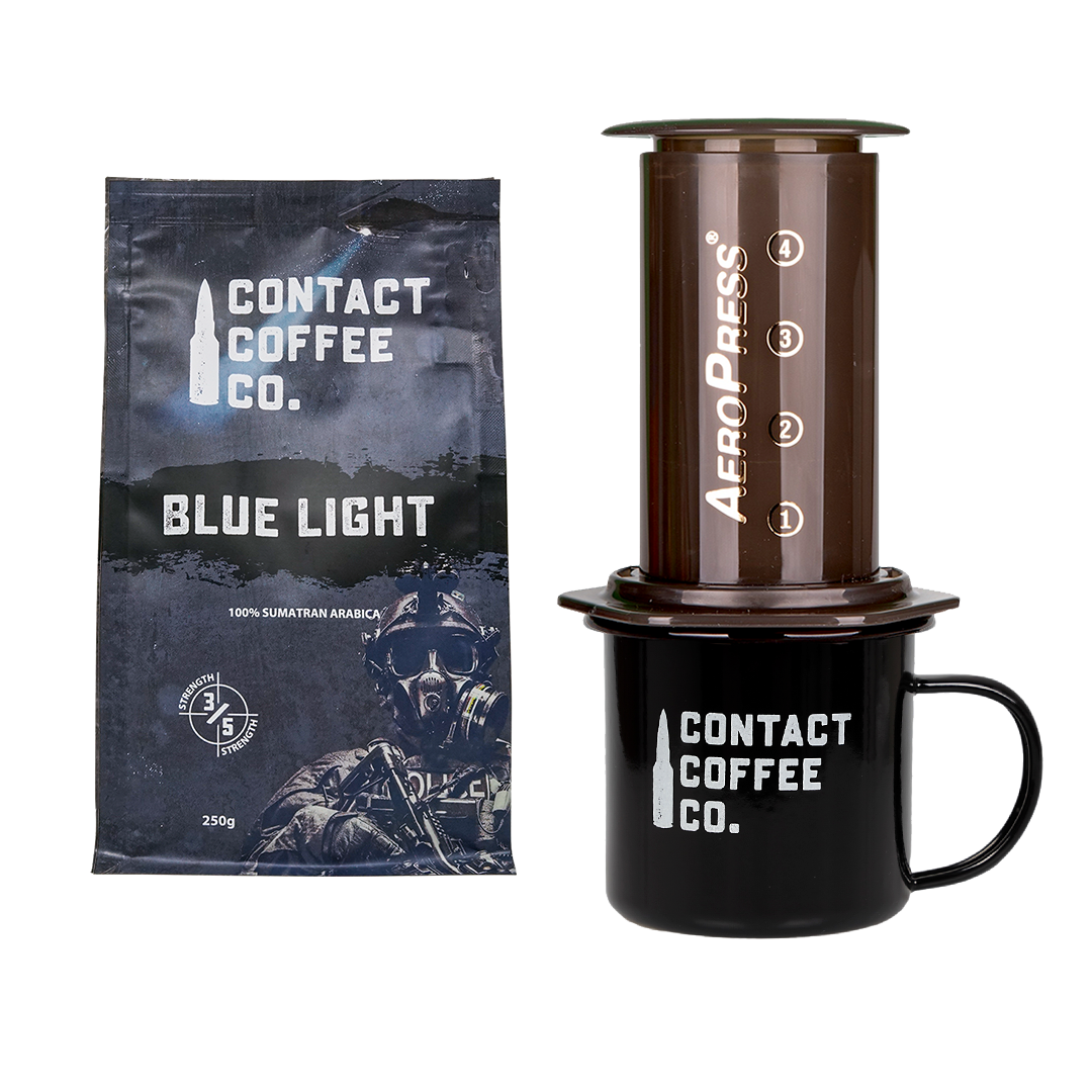 Contact Coffee Co. Blue Light coffee package with Aeropress and mug on a white background