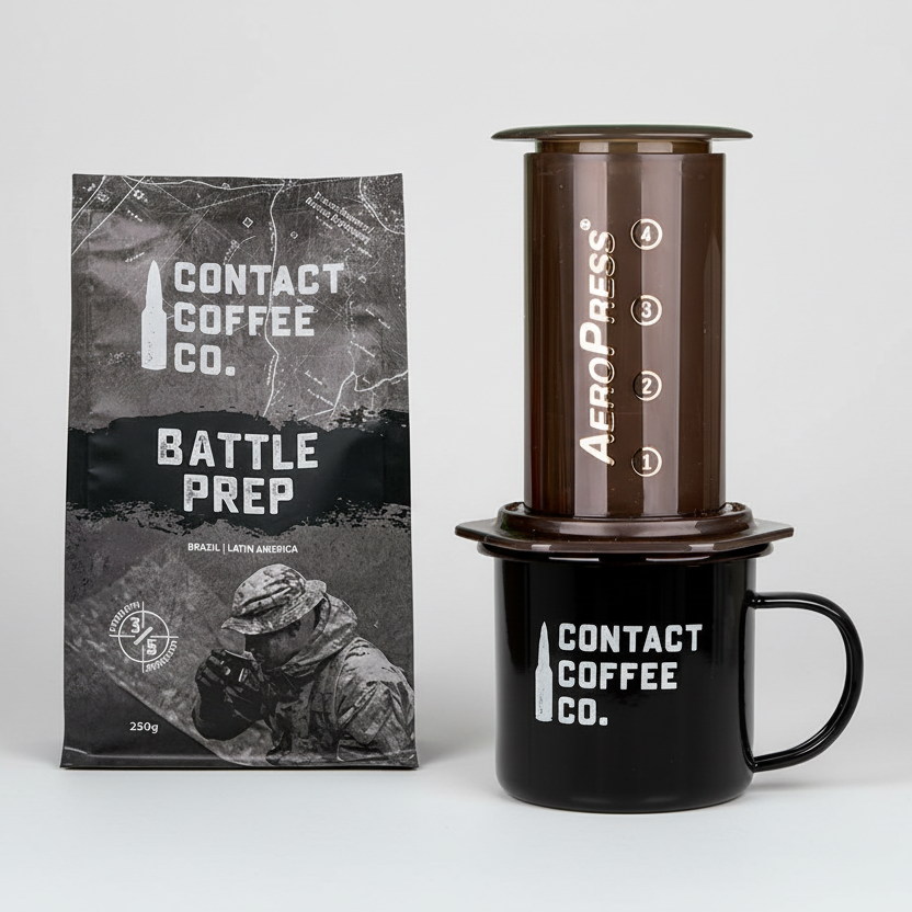 Contact Coffee Co. AeroPress coffee maker with Contact Coffee Co. packaging on a white background