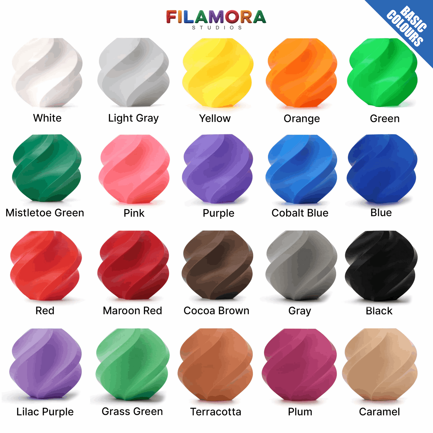 Color swatches of various colors with Filamora Studios branding.