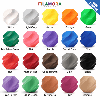 Color swatches of various colors with Filamora Studios branding.