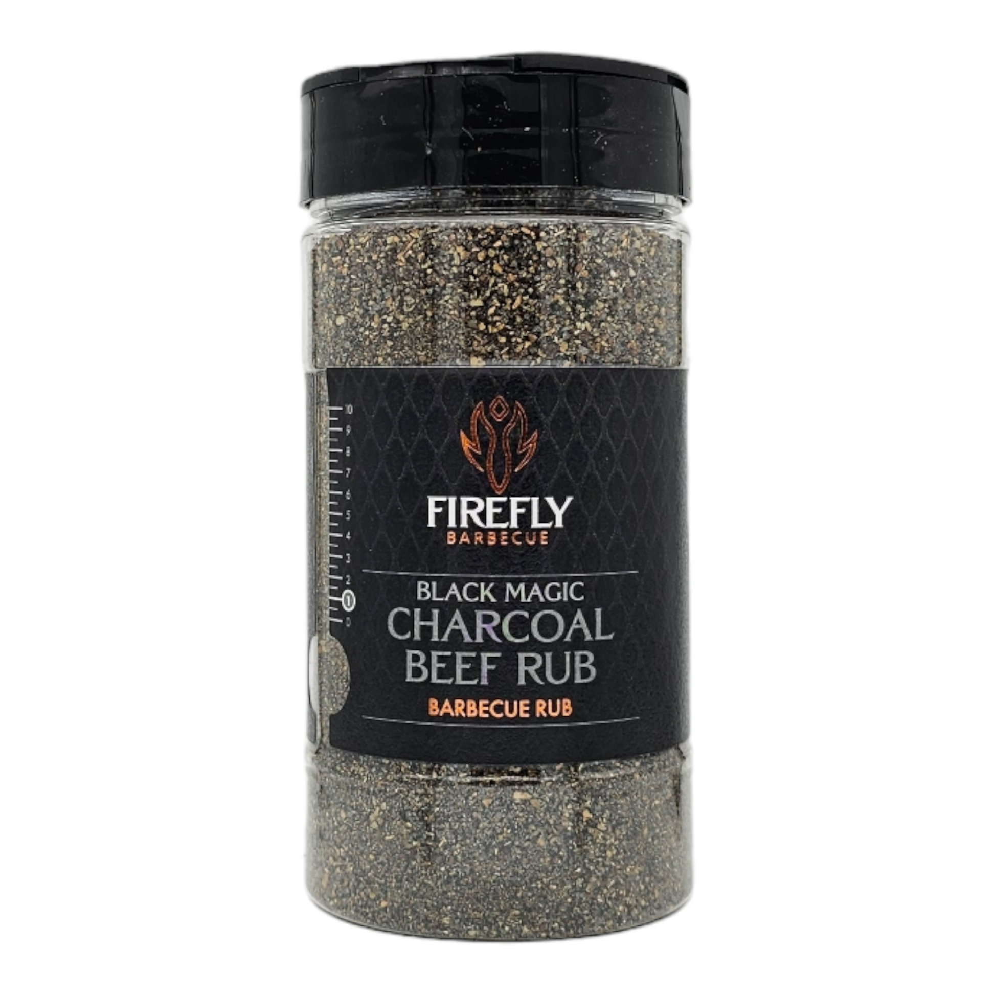 Jar of Firefly Barbecue Black Magic Charcoal Beef Rub on a white background